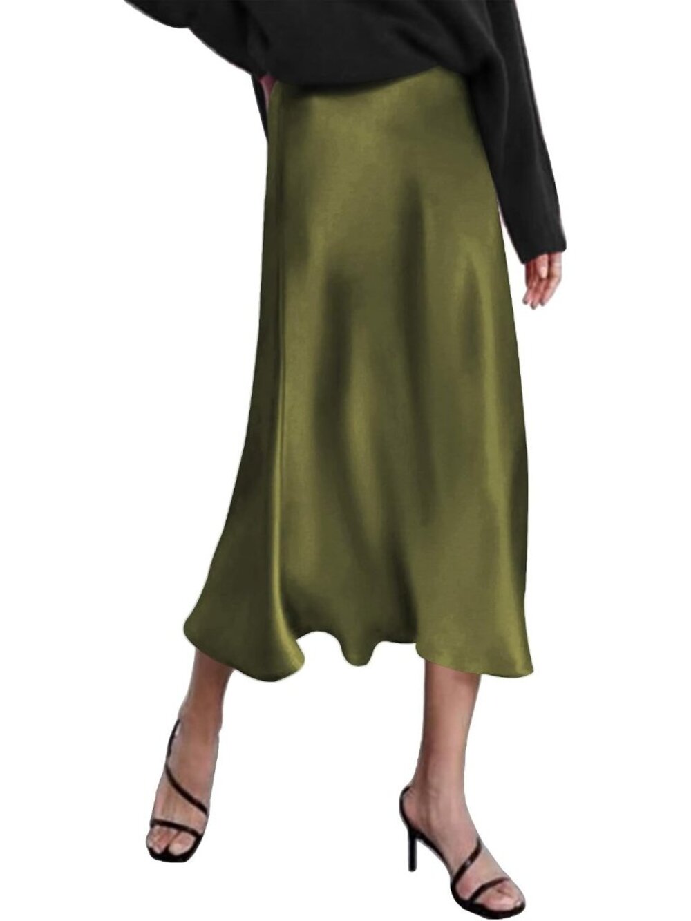 Women Olive High Waisted Solid Satin Dress Zipper Silky Slip A-Line Midi Skirt
